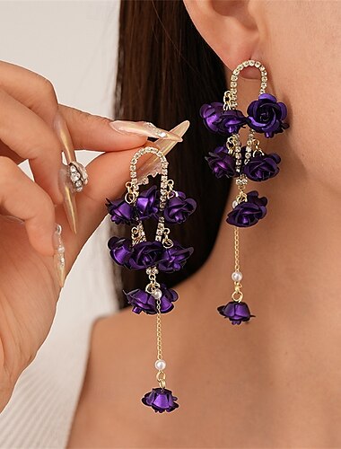  Boucles d'oreilles créoles à franges style vintage fleur bijoux vintage rouge  violet pour mariage fête vacances 1 paire
