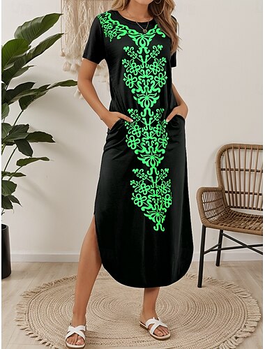  Damen Midikleid T-Shirt-Kleid Sommerkleid Lässig Täglich Normale Passform Grafik Stammes Kurzarm Rundhalsausschnitt Weiß Blau Purpur Grün Sommer