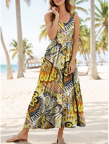  Pentru femei Rochie Maxi Rochie de Vară Rochie A line Rochie Slip Rochie plisata Vacanță Casual Boho Plajă Fit regulat Grafic Boem Boho Fără manșon În U Scoateți gâtul Galben Roșu-aprins Albastru
