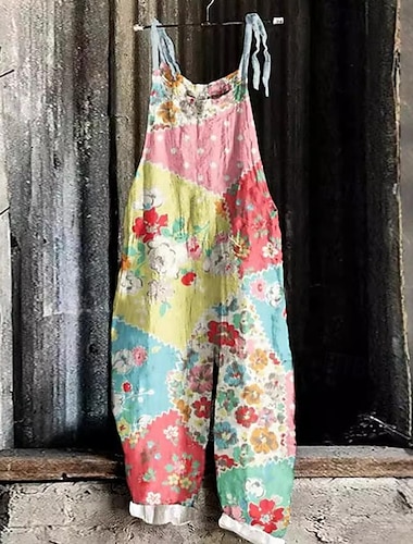  Dames Wijde Pijp Overalls Chino's Vakantie Vintage Mode Volledige Lengte Hoge Taille Floral Graphic Print Thermisch Warm Ademend Zacht Micro-elastisch Vakantie Straat Casual Violet Roze Robins Eif