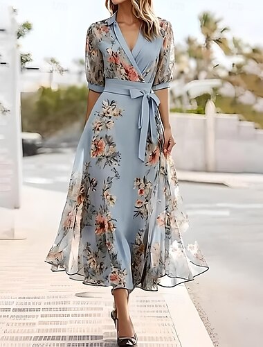  Dames maxi jurk blauwe zomer lente wikkeljurk shift jurk werkkleding casual semi-formeel formeel kantoor reguliere pasvorm bloemen grafisch overhemdkraag