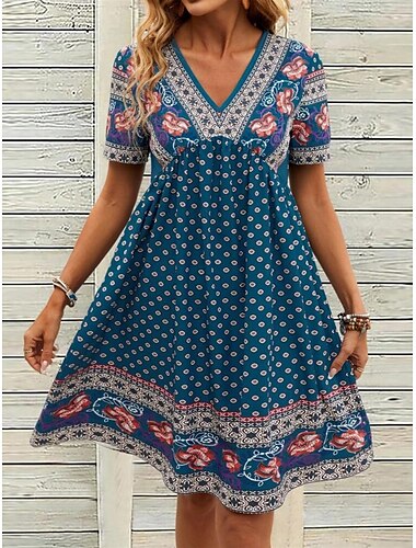  Pentru femei Rochie Mini Rochie A line Vacanță Casual Boho În aer liber Ieșire Fit regulat Floral Grafic Manșon scurt Bretele Spagheti Bleumarin Vară