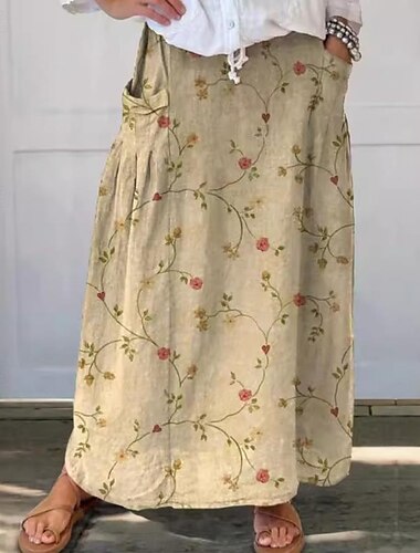  Jupe Femme Jupe Maxi Jupe Décontractée Jupe Maxi Taille Haute Imprimé Floral Lin Micro-élastique Rue Jaune Bleu Vert Bleu Pâle Été Polyester Lin