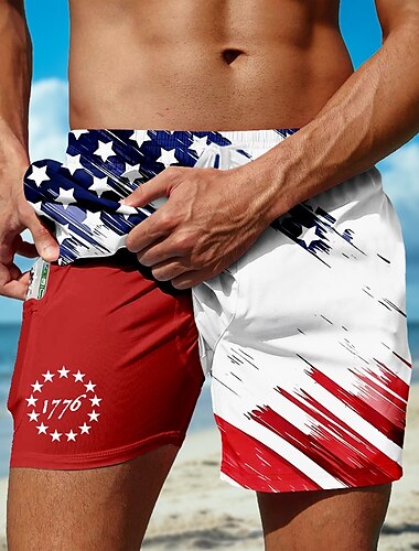  Herren Amerikanische US-Flagge Patriotisch Gefütterte Shorts 2 in 1 Badeshorts Badeshorts Mittlere Taille Hawaiianisch Urlaub Ferien Strandbekleidung Seitentaschen Mit Kompressionsfutter Elastischer