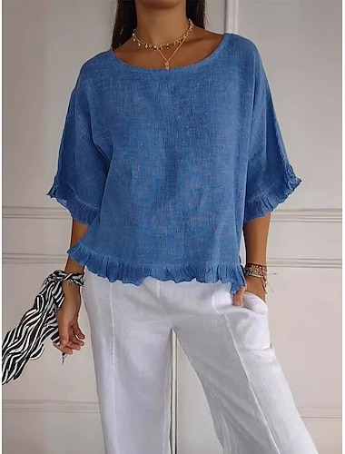  dames katoenen linnen blouse effen kleur stijlvol casual half mouw ronde hals normale tops dagelijks vakantie ruches zomer