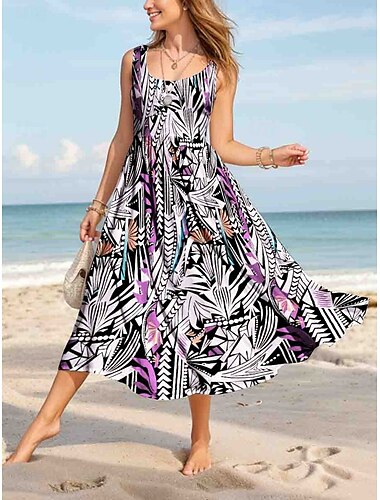  Women's Midi Dress Sundress A Line Dress Off The Shoulder Dress Vacation Casual Regular Fit Floral Graphic Geometric Sleeveless U Neck Scoop Neck Pink Purple Green Summer Spring