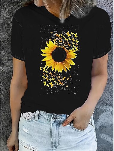  Dames T-shirt Zomer tops Bloemig Grafisch Klassiek Casual Korte mouw Strakke ronde hals Croptops Dagelijks Weekend Afdrukken Zwart Zomer Lente Herfst