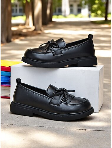 Schul-Loafer aus Kunstleder für kleine Mädchen mit Fransen und Schleife – bequeme Schuhe im Mokassin-Stil für die Schule und den Alltag