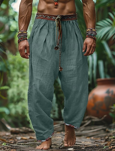  Voor heren Linnen broek Broek Zomerbroek Strandbroeken Lapwerk Trekkoord Recht been Effen Comfort Ademend Volledige lengte Buiten Casual Dagelijks Retro vintage Bohémien Groen