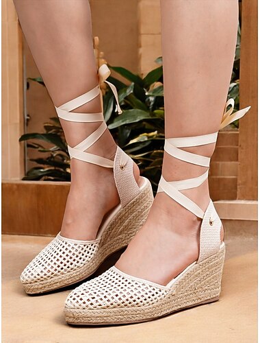  dames geweven espadrillesandalen met sleehak – veterschoenen met gesloten neus voor de zomer voor strand-, vakantie- en boho-outfits