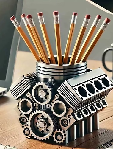  Porte-stylo moteur v8 pour bureau, organisateur de bureau cool pour hommes, décor de moteur mécanique unique, pot à crayons, cadeau pour hommes, décoration de bureau ou de maison