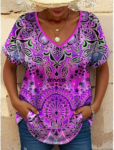  Mujer Camiseta Floral Graphic Cachemir Elegante Casual Manga Corta Escote en Pico Tops regulares Diario Estampado Morado Naranja Verde Trébol Verano Primavera