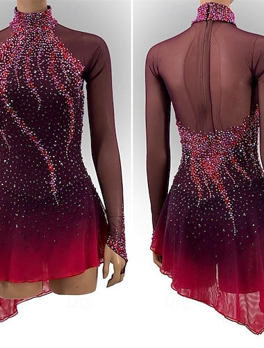  Eiskunstlaufkleid Damen Mädchen Eislaufen Kleid Schwarz Rrot Daumenloch Asymmetrischer Saum Netzstoff Hohe Elastizität Training Wettbewerb Eiskunstlaufkleidung Klassisch Kristall / Strass Langarm