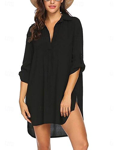  Damen Mini Kleid Sonnenkleid Lässig Strand Täglich Reguläre Passform Grafik Langarm Hemdkragen Schwarz Weiß Himmel Blau Grün Sommer Frühling