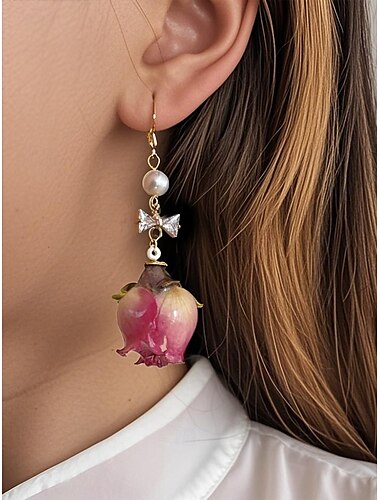  Ohrhänger aus echten Blüten für Damen – Rosenknospen-Design aus Acryl mit Perlen- und Schleifenakzenten, eleganter handgefertigter Schmuck für einen romantischen Stil, ideales Geschenk für Mama zum Muttertag
