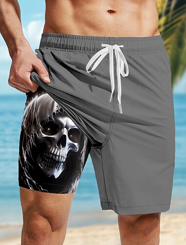  Herren Schädel Dunkel Gothic Gefütterte Shorts 2 in 1 Badeshorts Badeshorts Mittlere Taille Hawaiianisch Retro Vintage Ferien Strandbekleidung Seitentaschen Mit Kompressionsfutter Elastischer