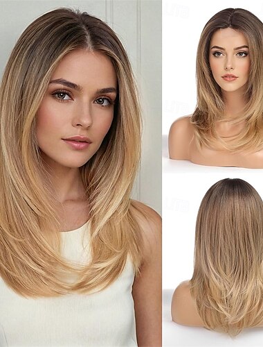  Layered Straight Blonde with Dark Roots Wigs for Women Heat Resistant Wig with fringe for Daily