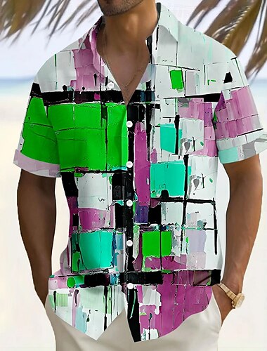  Per uomo Geometrico Blocco di colori Griglia / Plaid Camicia Camicia casual Camicia con Bottoni Manica Corta Moda Casual Vacanza Ferie Abbigliamento casual alla moda Estate Collo ripiegato Stampa 3D