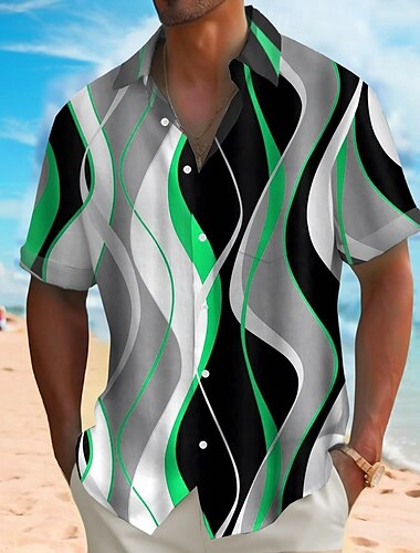  Men's Geometric Waves Abstract Art Shirt Summer Shirt Button Up Shirt Short Sleeve Fashion Casual Vacation Holiday Streetwear Summer Turndown 3D Print Front One Pocket Linen Like Shirt Red Blue Green