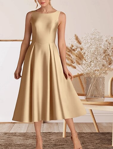  A-Linie Cocktailkleider Elegant Kleid Heimkehr Cocktailparty Tee-Länge Ärmellos Rundhalsausschnitt Satin mit Falten 2025