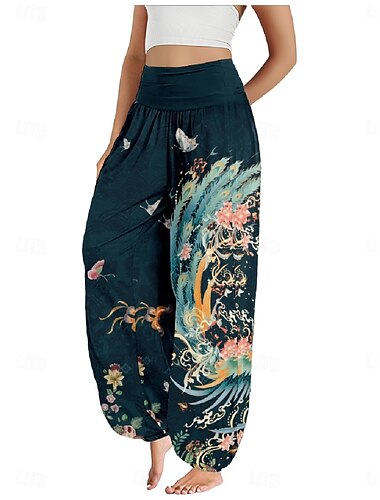  Damen Leinen-inspirierte Hosen Weites Bein Hosen Hose Ethno-Stil Lässig Boho Volle Länge Hohe Taille Blumen Tasche Elastischer Bund Drucken Atmungsaktivität Weich Mikroelastisch Outdoor Yoga Rot Blau