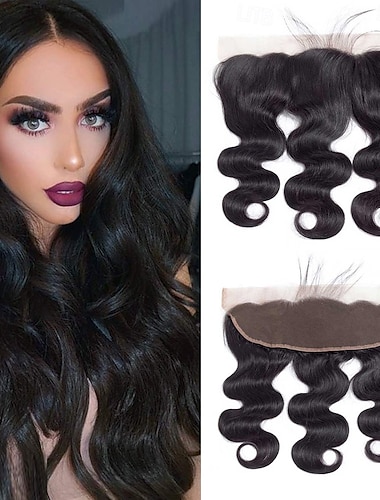  Cabello humano peruano 100 % virgen, color natural, con parte media, 13x4, con ondas corporales, encaje frontal, Remy.