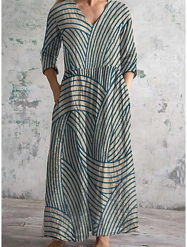  Damen Midikleid Sommerkleid Faltenkleid Urlaub Lässig Boho Ausgehen Strand Sommerkleid Blumen Grafik Dreiviertelarm V Ausschnitt Dunkelbraun Blau Grün Sommer Frühling