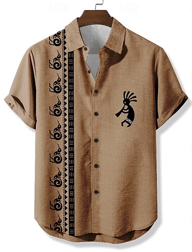  Herren Geometrisch Ethnisch Kokopelli Hemd Freizeithemd Knopfhemd Kurzarm Vintage-Retro Urlaub Ferien Streetwear Sommer Umlegekragen 3D-Druck Eine Tasche vorne Leinenähnliches Hemd Blau 2# Armeegrün
