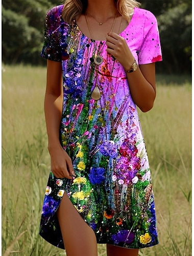  Dames Mini-jurk Casual jurk T shirt jurk Zonnejurk A lijn jurk Stijlvol Casual Feestdagen Strand Normale pasvorm Ombre Bloemig Grafisch Korte mouw Strakke ronde hals Ronde hals Ijsblauw Wit Blozend