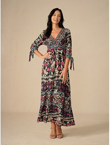  Damen-Maxikleid im Bohemian-Stil, V-Ausschnitt, langärmlig, Blumenmuster, Frühling, Sommer, Strandparty, lässig, feminin, volle Größen