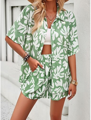  Damen 2 Teile Mode Streetwear Alltag Shorts Sets Kurzarm Shirt Kragen Blumengrafik Blätter Schnürdruck Urlaub Freizeit Alltag Schwarz Fuchsia Grün Sommer Reguläre Passform