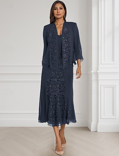  Zweiteilig A-Linie Brautmutterkleid Formell Hochzeitsgast Elegant Quadrathals Bodenlang Chiffon Langarm Mit Schal mit Spitze Stufen Stickerei 2025