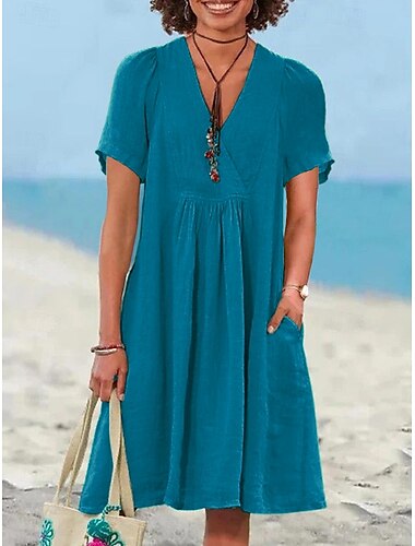  Damen Minikleid Leinen-inspirierte Kleider A Linie Kleid Lässig Strand Täglich Normale Passform Einfach Kurzarm V Ausschnitt Hellgrün Königliches Blau Purpur Orange Sommer