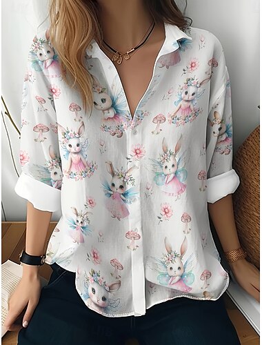  Pasqua Per donna Camicia Grafico Paisley Casual Manica Lunga Colletto a Camicia Top Regolari Lavoro Quotidiano Bottoni Stampato Bianco Estate Primavera Autunno
