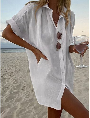  Femmes Chemise Chemise Bohème Chemises inspirées du lin Boutonner Uni Occasionnel Chaussures de plage Manche Courte Col de chemise Hauts Réguliers Noir Blanche Jaune Rose Claire Bleu Ciel Été