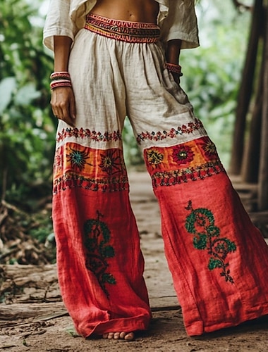  Dam Byxor Boho Fullängd Naturlig Blomma Ficka Elastisk midja Tryck Bekväm Utomhus Dagligen Magenta Sommar Normal