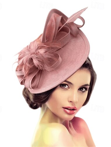  Coiffe Lin Chapeau Fedora Mariage Soirée Fête du thé Course de Chevaux Cocktail ancien Mignon Simple Avec Plume Casque Couvre-chef