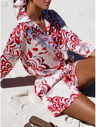  Zwei Teile Boho Damen Mode Straßenbekleidung Shorts Sets Lange Ärmel Hemd Kragen Blumen Grafik Druck Urlaub Freizeit Täglich Rosa Rot Sommer Reguläre Passform