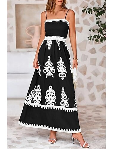  Dames Lange jurk maxi-jurk Swingjurk Zomerjurk Slipdress Elegant Feestdagen Uitgaan Normale pasvorm Bloemig Mouwloos Spaghettibandjes Zwart en Wit Zwart Wit blauw Zomer