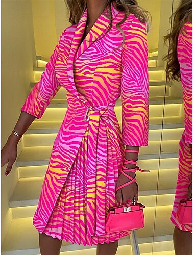  Damen Minikleid Wickelkleid A Linie Kleid Lässig Outdoor Ausgehen Standard Passform Grafik Farbblock Dreiviertelarm Umlegekragen Schwarz Fuchsie Orange Grün Sommer Frühling