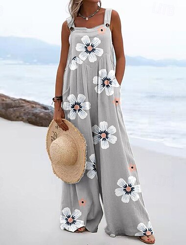  Damen Latzhose mit Blumendruck, Jumpsuit, Streetwear, ärmellos, U-Ausschnitt, Tasche, Street, Alltag, normale Passform, rosa, marineblau, hellgrau, Sommer