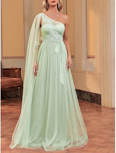  Green Wedding Dresses A-Line Lace Applique One Shoulder Sleeveless Floor Length Chiffon Bridal Gowns With Ruched Details