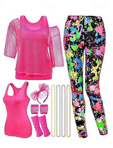  Retro vintage Jaren '80 Outfits Leggings Gymkleding Ketting Schijf Netstof Ronde hals Dames Halloween Carnaval Prideparade Trots maand Volwassenen Sokken Kettingen Hoofdband Alle seizoenen