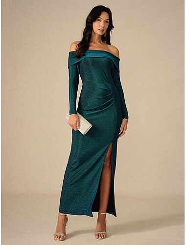 Neujahr Damen Maxikleid Figurbetontes Kleid Party Formell Cocktail Hochzeit Party Schlank Einfarbig Langarm Schulterfrei Dunkelgrün Frühling Herbst Winter