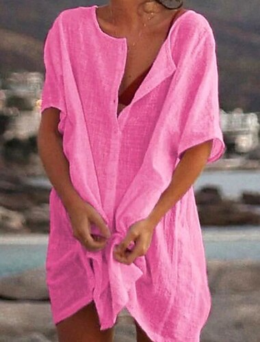  Damen Minikleid Baumwoll-Leinenkleid Klassisch Urlaub Täglich Ferien Normale Passform Einfach Kurzarm V Ausschnitt Weiß Gelb Rosa Sommer