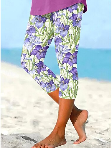  leggins نسائية بنطال كابري عطلة موضة Vintage بطول كعب خصر عالي طباعة زهور رسومية قابلة للتنفس ناعمة مرنة عطلة عادية يومية بنفسجي صيف ربيع تناسب عادي