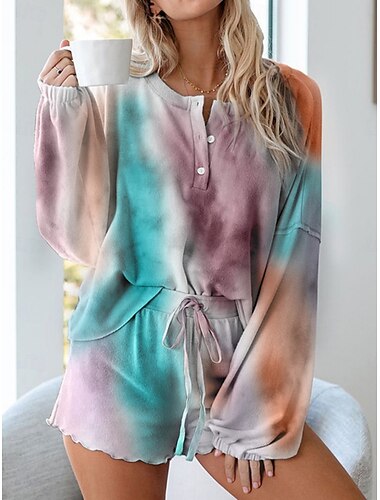  Damen 2 Teile Mode Streetwear Daily Shorts Sets Langarm Rundhals Batikdruck Lässig Täglich Himmelblau Lila Sommer Normale Passform