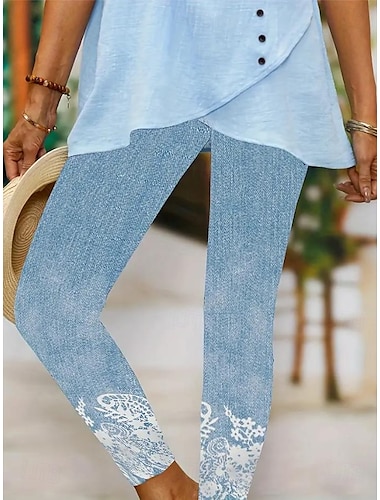  Leggings pour femmes Pantalons Impression 3D Vacances Vintage Mode Longueur Complète Haute Taille Imprimé Graphique Floral Respirant Doux Extensible Vacances Décontracté Quotidien Bleu Œuf de
