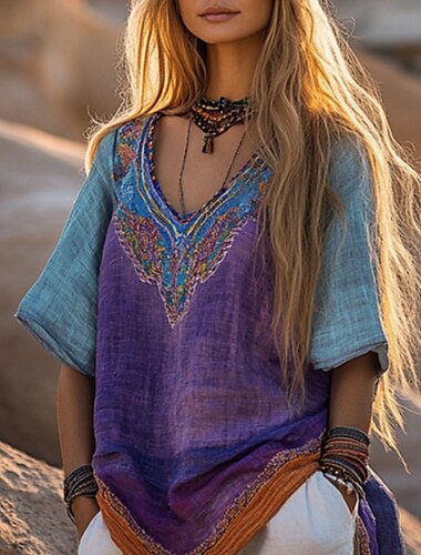  Dam västerländsk blus Boho skjorta Blus Blomma Modern Boho Kortärmad V-hals Vanliga toppar Dagligen Utekväll Mönster Purpur Sommar