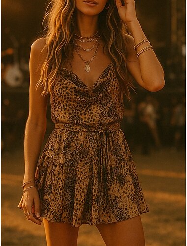 Dames Boho Jurk Westerse Jurk Vintage Mini Jurk Zomerse Jurk Slip Jurk Casual Buitenshuis Uitgaan Strand Reguliere Fit Grafisch Luipaard Mouwloos Spaghetti Band Bruin Zomer